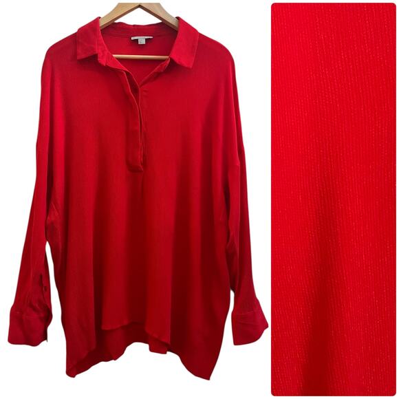 Cos Red Textured Half Placket Button Popover Relaxed Fit Tunic Blouse Medium - Picture 14 of 14
